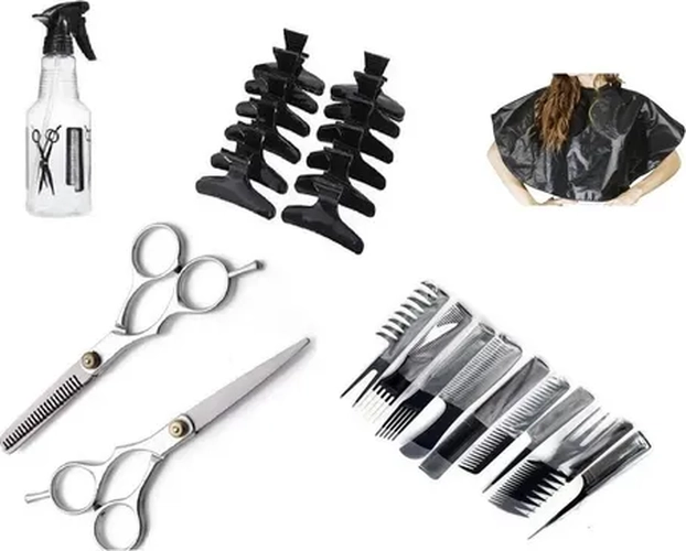 SET TIJERAS + CAPA + PEINETAS + ROCIADOR PELUQUERIA - 6