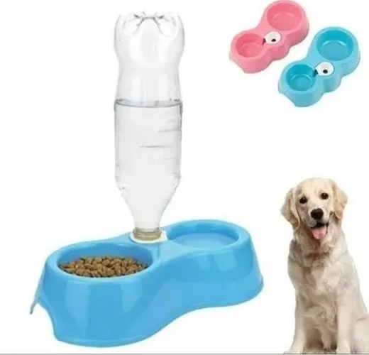 PLATO DOBLE CON DISPENSADOR AGUA MASCOTAS COLOR AZUL - 1