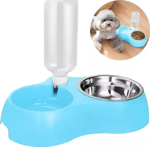PLATO DOBLE CON DISPENSADOR AGUA MASCOTAS COLOR AZUL - 4