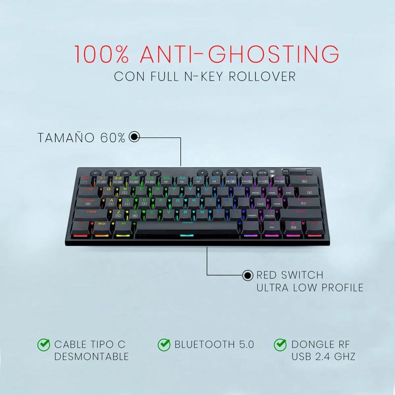 TECLADO REDRAGON HORUS MINI K632 PRO 60% WIRELESS NEGRO - 4