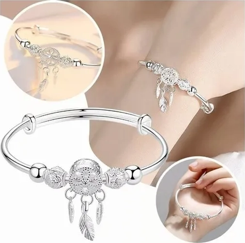 PULSERA ATRAPASUEÑOS PLATA CON BORLA Y PLUMAS - 2