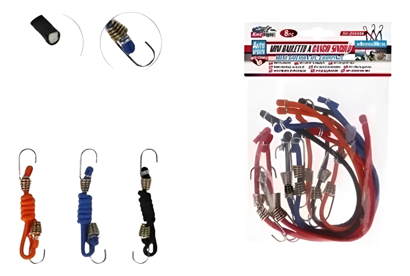 PACK DE 8 CUERDAS AMARRE ELASTICA CON GANCHO DE 27 CM MULTICOLOR - 1