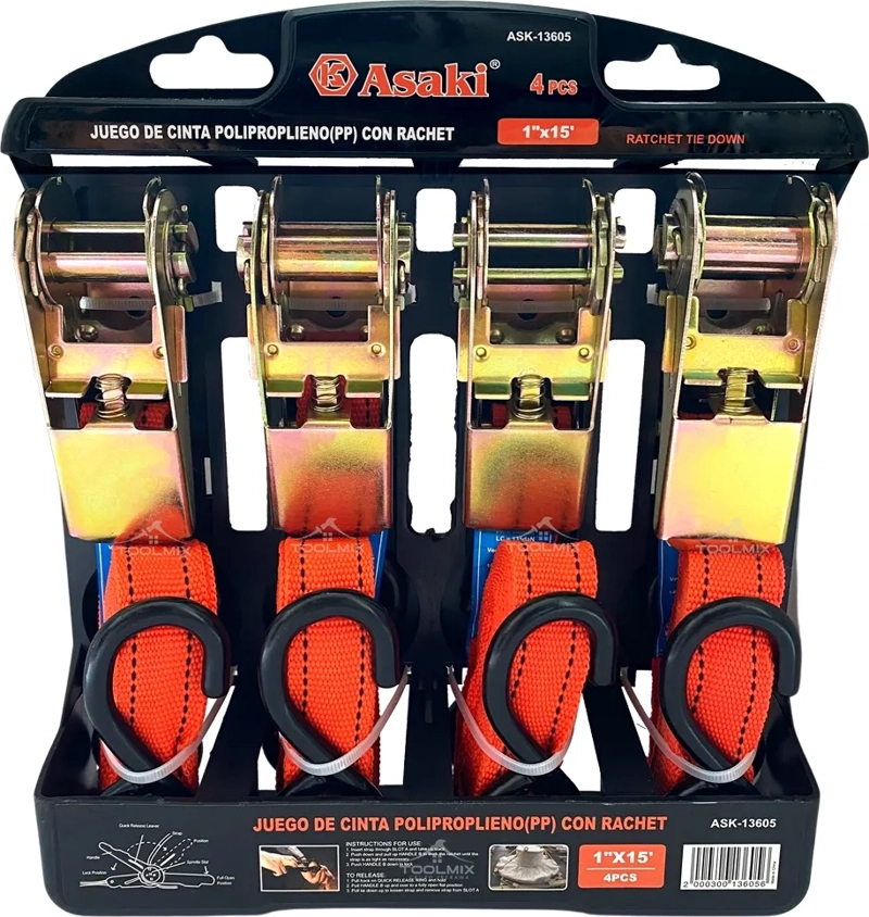 SET / JUEGO 4PCS ESLINGA CINTA DE AMARRE CON RATCHET 4.5 M - 2