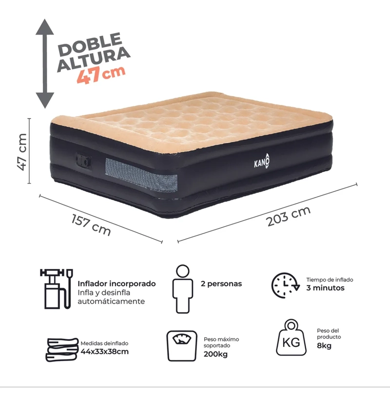 COLCHON INFLABLE ELE CTRICO DE 2 PLAZAS KANO TRICAHUE QUEEN CAMA AUTOINFLABLE - 1