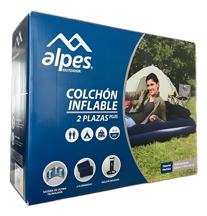 COLCHON INFLABLE 2 PLAZAS PLUS + INFLADOR + ALMOHADAS ,ENV AZUL - 3