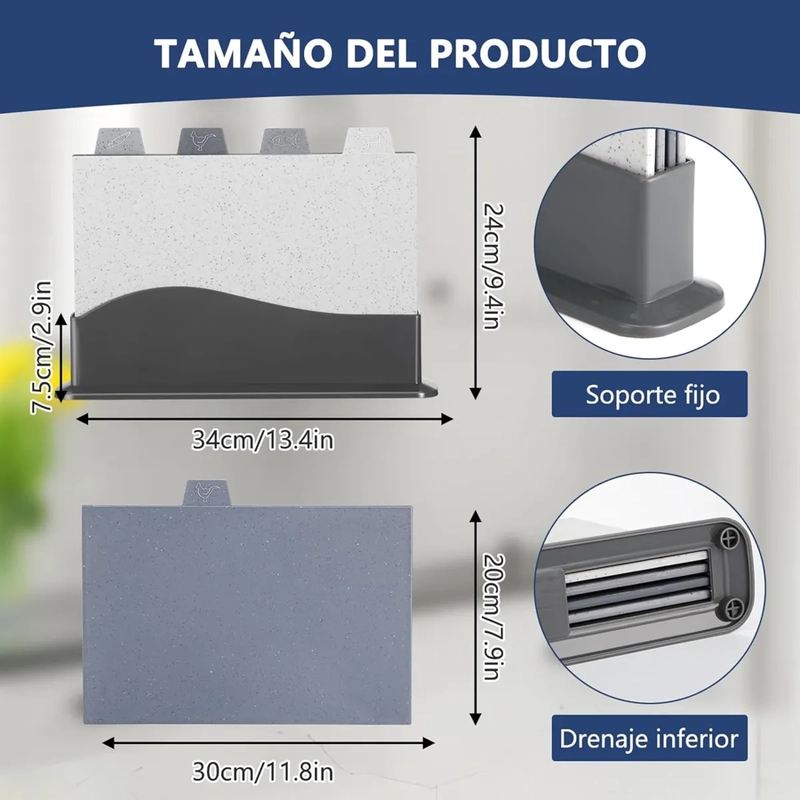 SET DE 4TABLAS PARA PICAR PARA COCINA CON SOPORTE DE DRENAJE GEOME TRICA GRIS - 1