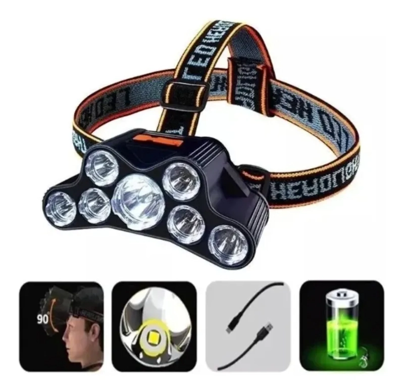 LINTERNA FRONTAL 7 LED IMPERMEABLE RECARGABLE USB LUZ NEGRO - 2