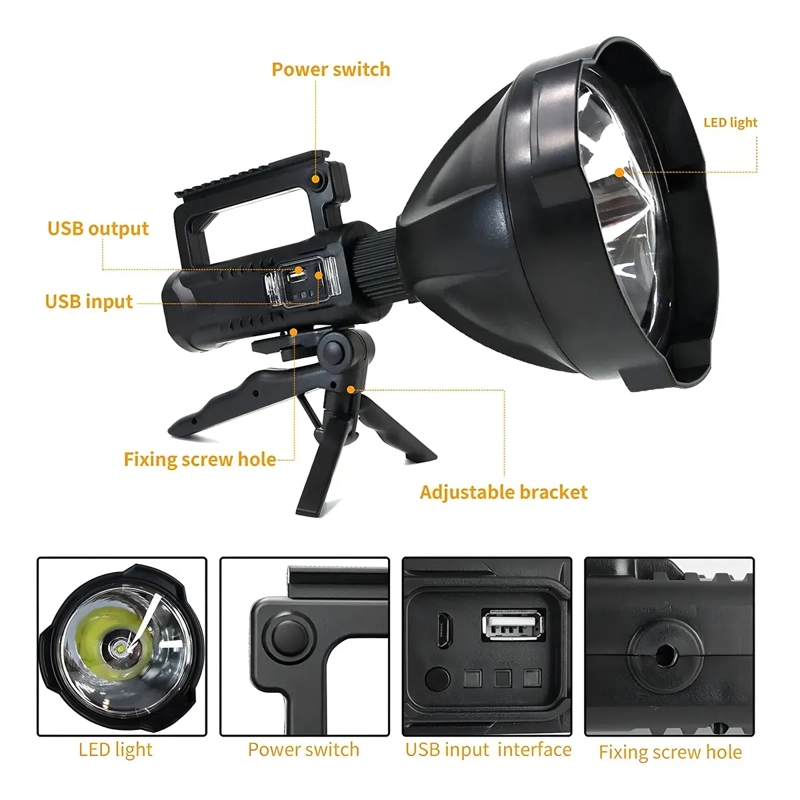 PORTATIL FOCO LINTERNA CAMPING LED LARGO ALCANCE+USB+TRIPODE NEGRO BLANCO - 2