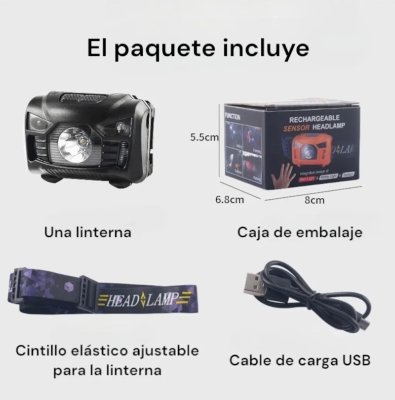 LINTERNA PARA LA CABEZA CON SENSOR INTELIGENTE Y IMPERMEABLE BLANCO NEGRO - 3