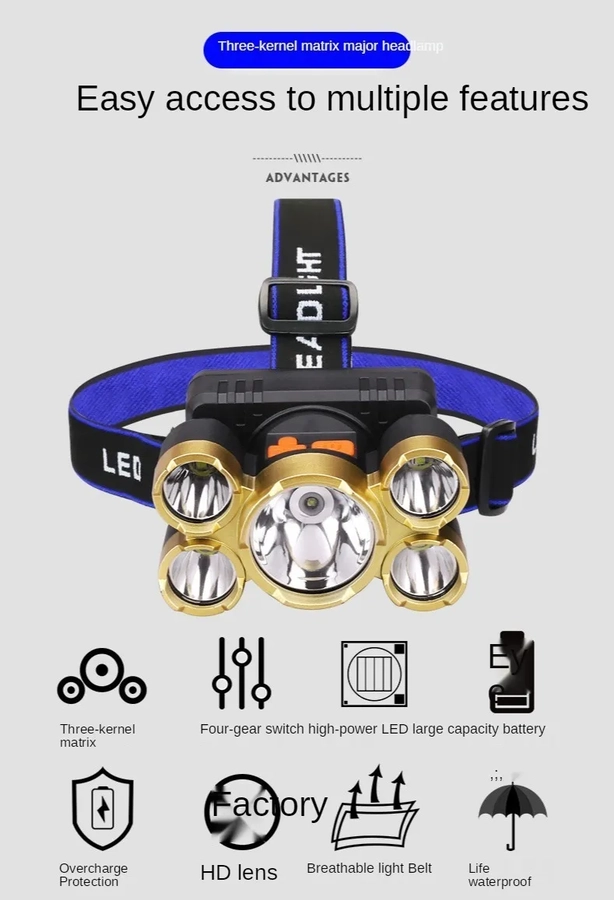 LINTERNA LED MINERO CABEZA CINTILLO USB LED T6 CREE RECARGA - 2