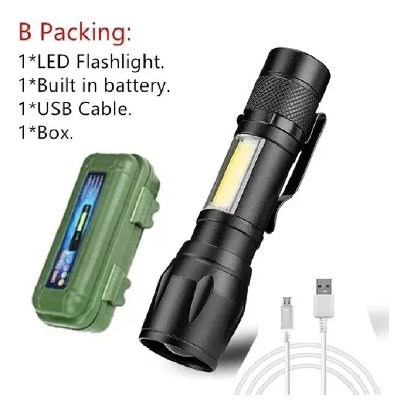 LAMPARA TACTICA DE MANO PEQUEÑA RECARGABLE ZOOM DOBLE LUZ NEGRO - 2