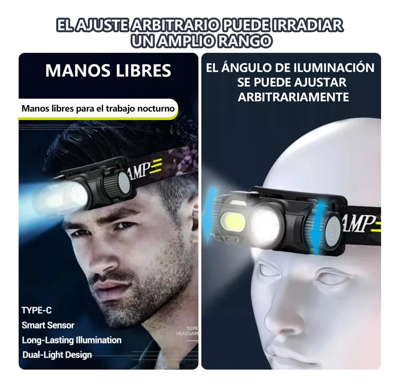 LINTERNA FRONTAL RECARGA,FARO USB XPG COB 6000 LM CON SENSOR - 5