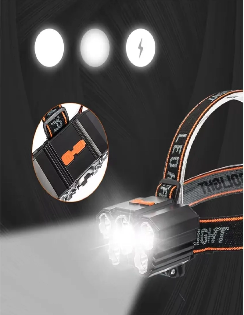 LINTERNA DE CABEZA FRONTAL 5 LEDS RECARGABLE USB 4 TIEMPOS BLANCO NEGRO - 3