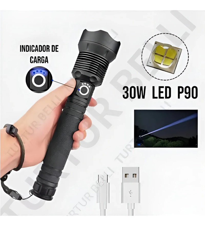 POTENTE LINTERNA LED P90 DE CARGA USB ALEACION DE ALUMINIO LINTERNA NEGRO LUZ COLOR DE LA LUZ BLANCO - 5