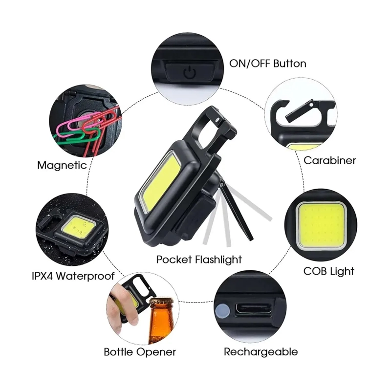 LINTERNA LLAVERO LED COB 800 LUMENS GANCHO IMAN RECARGABLE BLANCO NEGRO - 2
