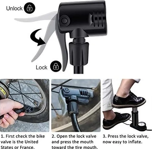 BOMBIN INFLADOR PIE PORTATI MEDIDOR DOBLE VALVULA BICICLETA - 4
