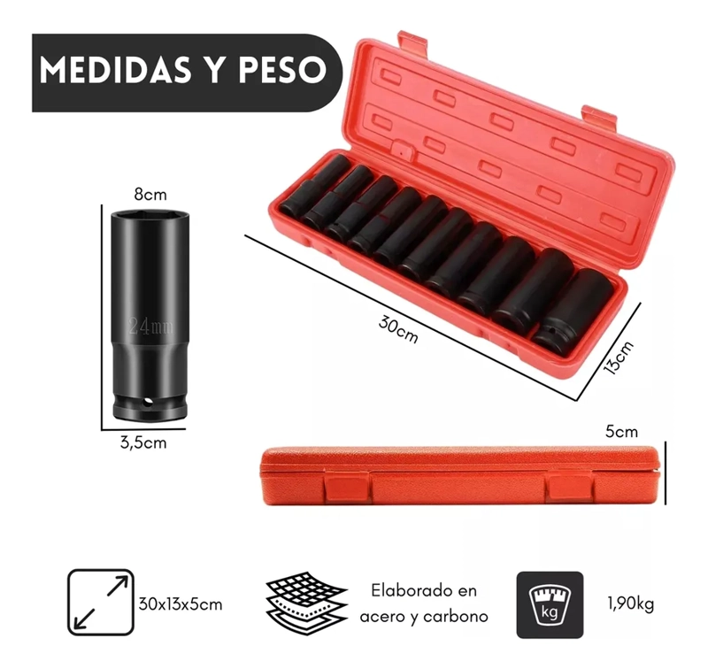 JUEGO DADOS IMPACTO LARGO 1/2 10 PCS USO MANUAL O NEUMATICO - 2