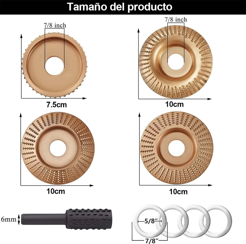 JUEGO TALLAR MADERA+ESCOFINAS PARA AMOLADORA ANGULAR 7/8,5/8 DORADO - 1