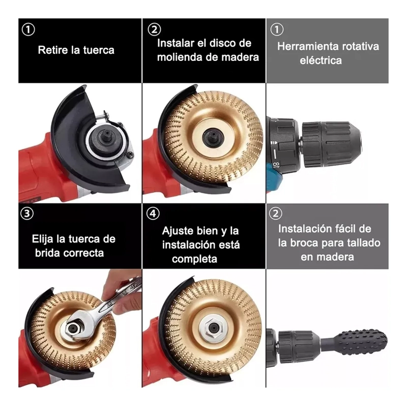 JUEGO DE 4 DISCOS PARA TALLAR MADERA+JUEGO DE 5 ESCOFINAS DORADO - 2