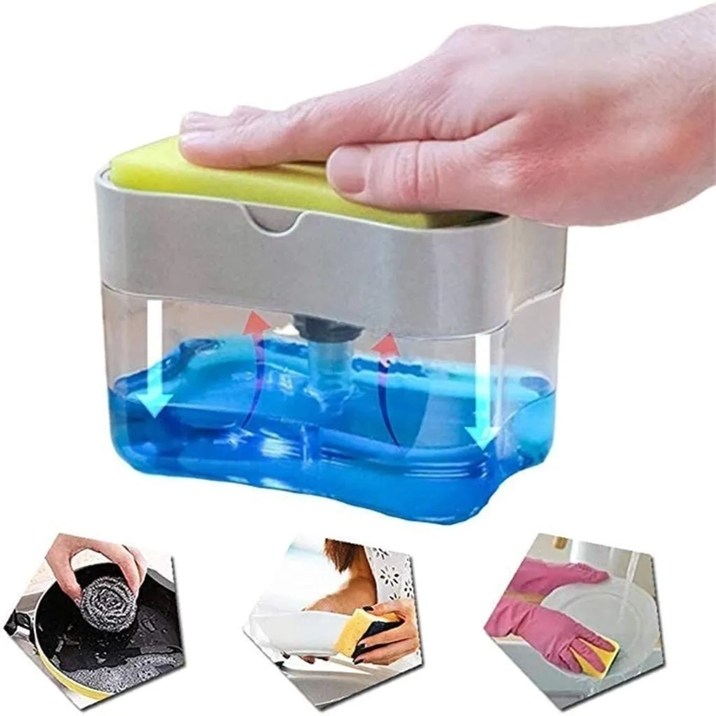 DISPENSADOR DE LAVA LOZAS MANUAL CON ESPONJA CON RECIPIENTE GRIS - 1