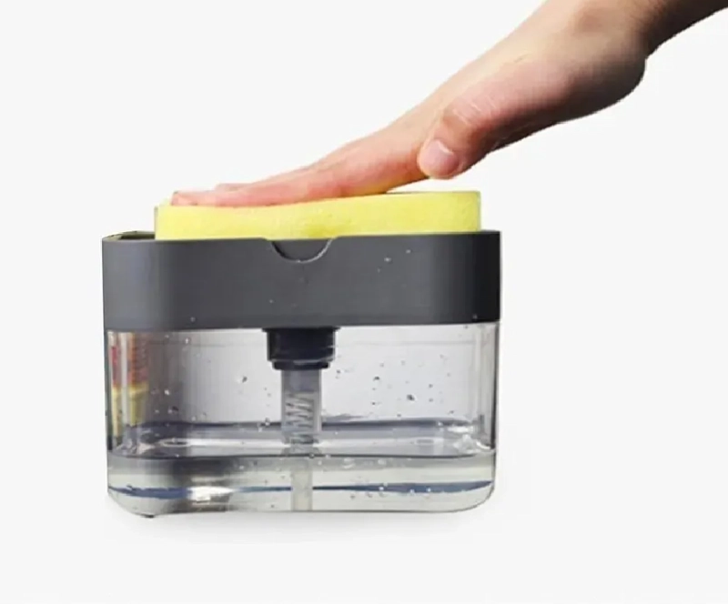 DISPENSADOR DE LAVA LOZAS MANUAL CON ESPONJA CON RECIPIENTE GRIS - 3