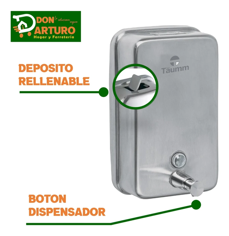 DISPENSADOR JABON MURO ACERO INOXIDABLE 800 ML CROMADO TAUMM - 2