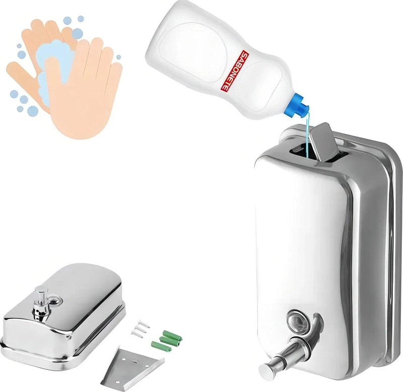 DISPENSADOR DE JABON LIQUIDO Y DETERGENTE DE ACERO INOXIDABLE DE 500 ML PARA PARED, COLOR CROMADO - 2