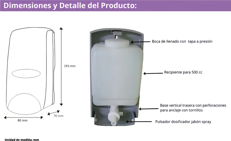 DISPENSADOR JABON PLASTICO AL MURO 500 ML COLOR BLANCO - 2