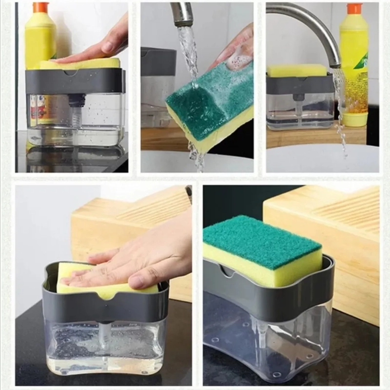DISPENSADOR DE JABON 2 EN 1 CON SOPORTE DE ESPONJA GRIS - 4