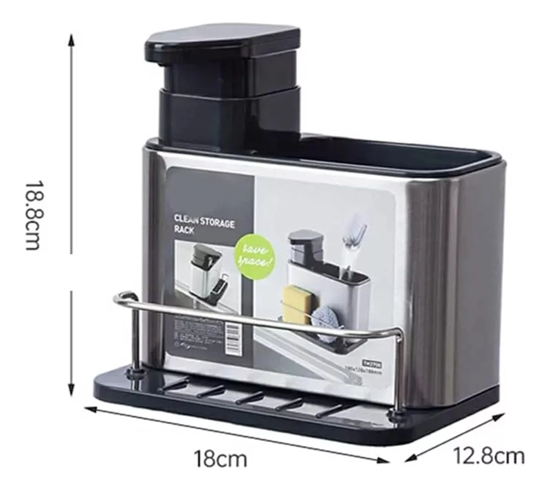 DISPENSADOR DE JABON 3 EN 1 SOPORTE PARA ESPONJA ACERO PLATEADO - 1