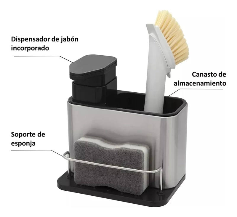 DISPENSADOR DE JABON 3 EN 1 SOPORTE PARA ESPONJA ACERO PLATEADO - 2