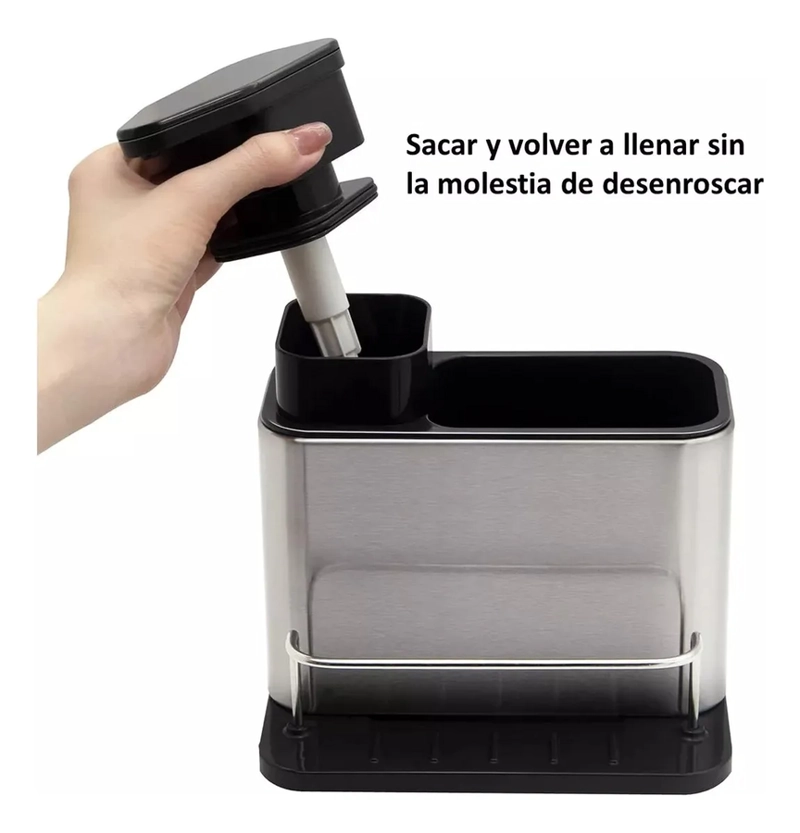 DISPENSADOR DE JABON 3 EN 1 SOPORTE PARA ESPONJA ACERO PLATEADO - 3