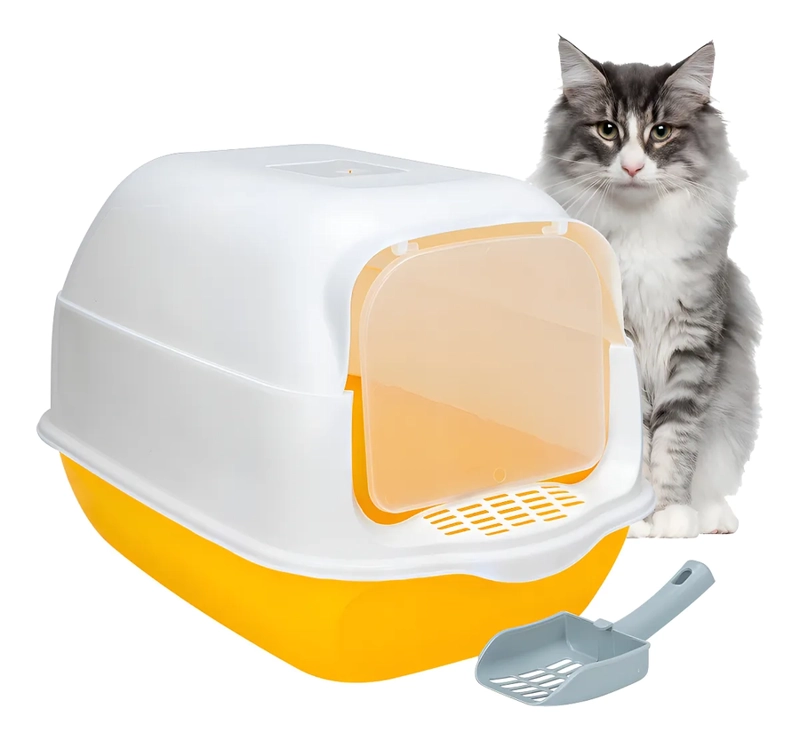 ARENERO SANITARIO CERRADO PARA GATO CON PALA PUERTA ABATIBLE COLOR NARANJA - 1