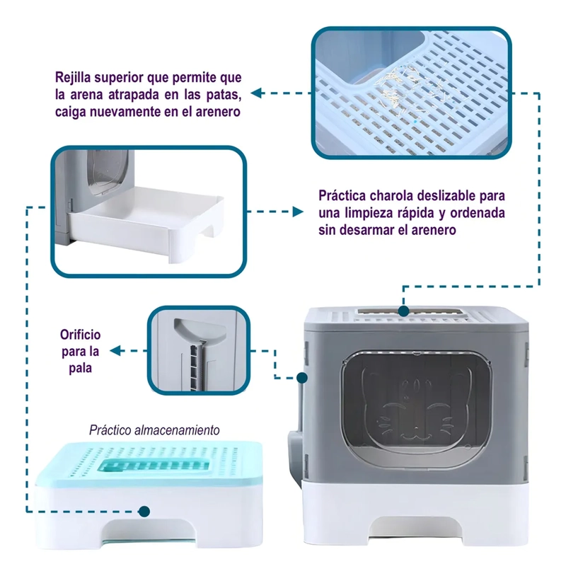 ARENERO PARA GATOS CAJA DE ARENA GRANDE CON BANDEJA Y PUERTA COLOR GRIS - 4