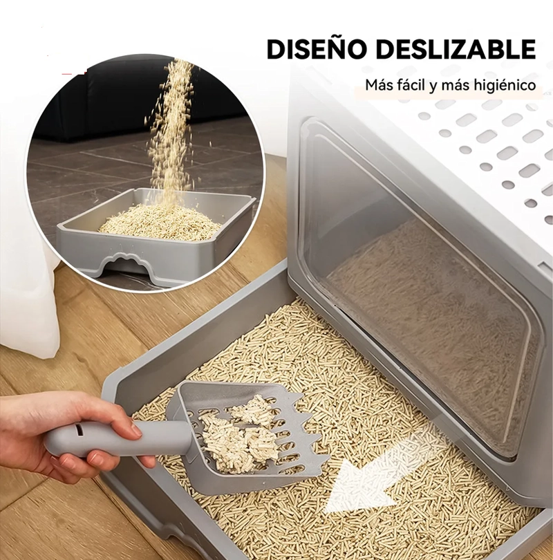 ARENERO GATO CERRADO BAÑO SANITARIO CON TAPA Y PALA GRANDE COLOR GRIS MARCA KOBA - 1