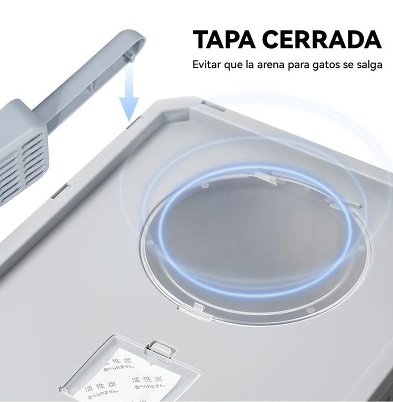 ARENERO GATO CERRADO BAÑO SANITARIO CON TAPA Y PALA GRANDE COLOR GRIS MARCA KOBA - 2