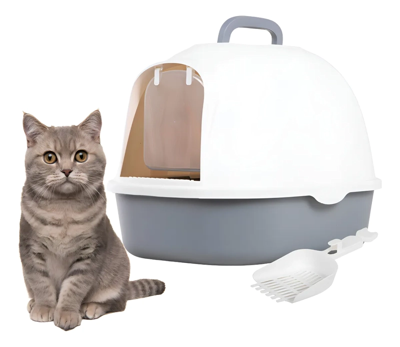 ARENERO PARA GATOS GRANDE CERRADO CON PALA FILTRO Y PUERTA COLOR GRIS CLARO - 1