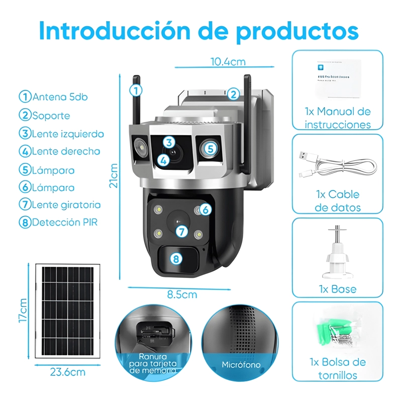 CAMARA VIGILANCIA SOLAR 3 LENTES T94 SEGURIDAD EXTERIOR 4MP - 4
