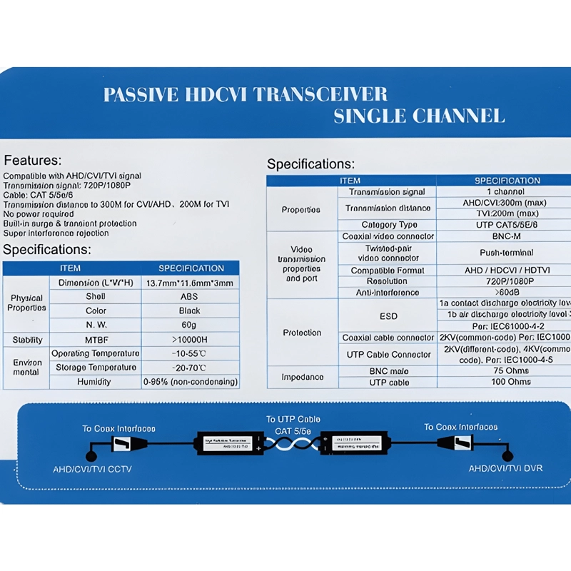 PAR VIDEO BALUN PASIVO DOBLE CON CABLE 1080P HDCVI AHD HDTVI - 2