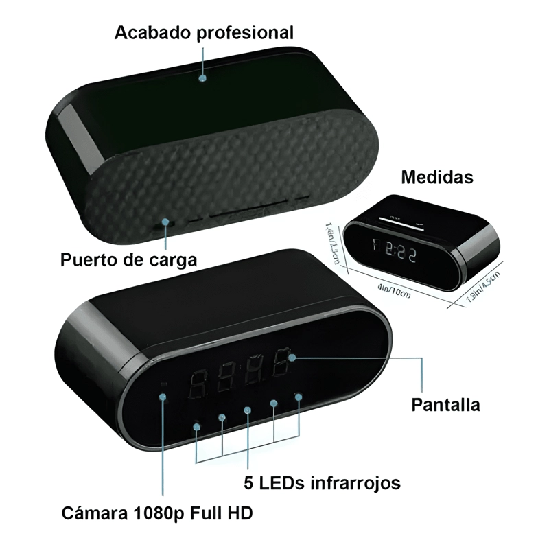 RELOJ DESPERTADOR CAMARA OCULTA WIFI/4K/TIEMPO REAL/ 128GB - 1