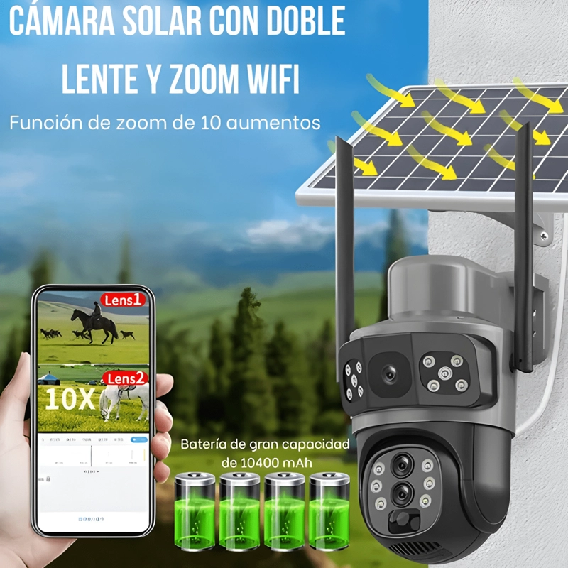 ZOOM 10X SOLAR CAMARA DE SEGURIDAD EXTERIOR CON LENTE DOBLE - 1