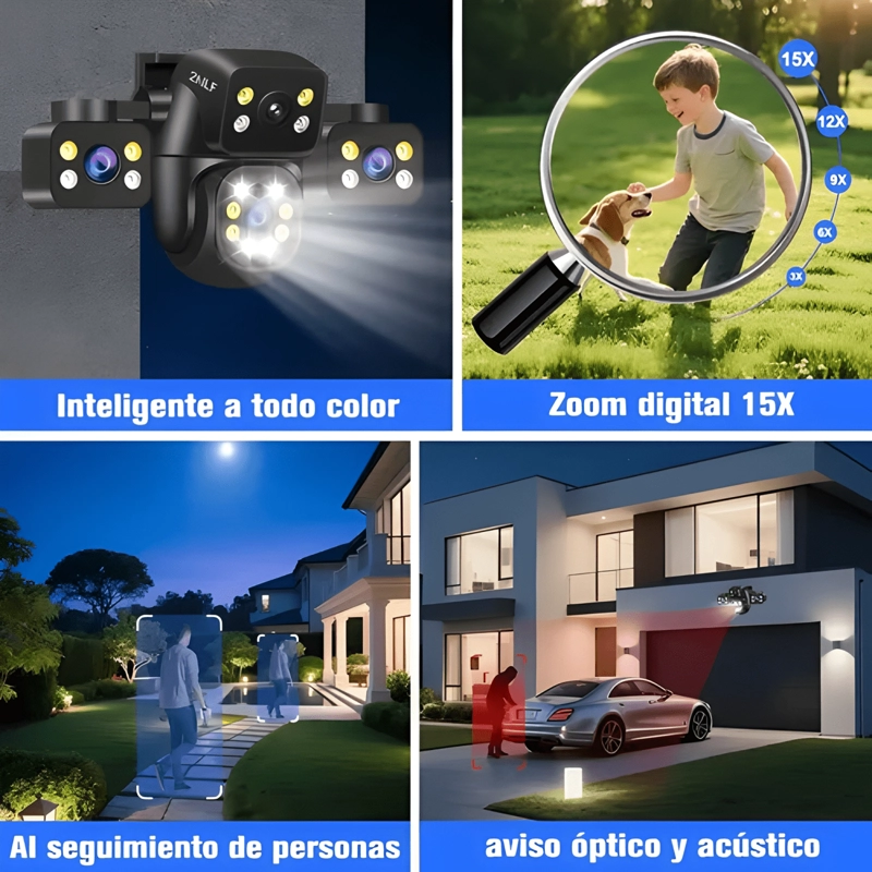 2NLF® CAMARAS DE SEGURIDAD WIFI EXTERIOR IP 360° TRES LENTES - 2