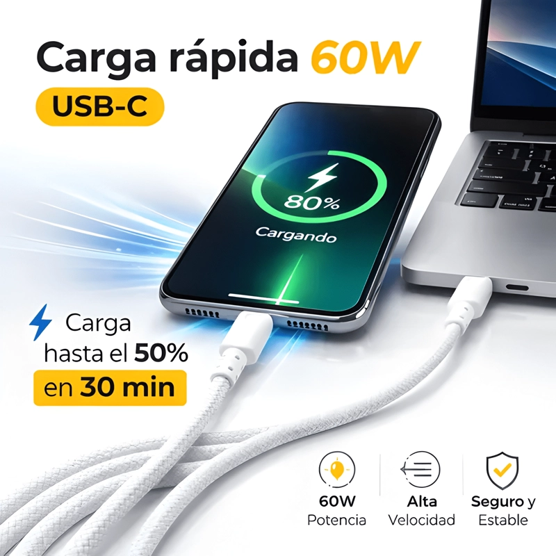 GENÉRICO CABLE USB C A USB C 2 M 60W CARGA RAPIDA PD NYLON TRENZADO