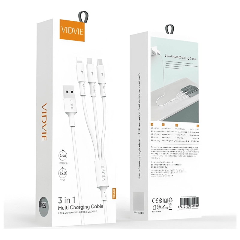 GENÉRICO CABLE MULTICARGA CARGA RAPIDA USB 3 EN 1 VIDVIE BLANCO