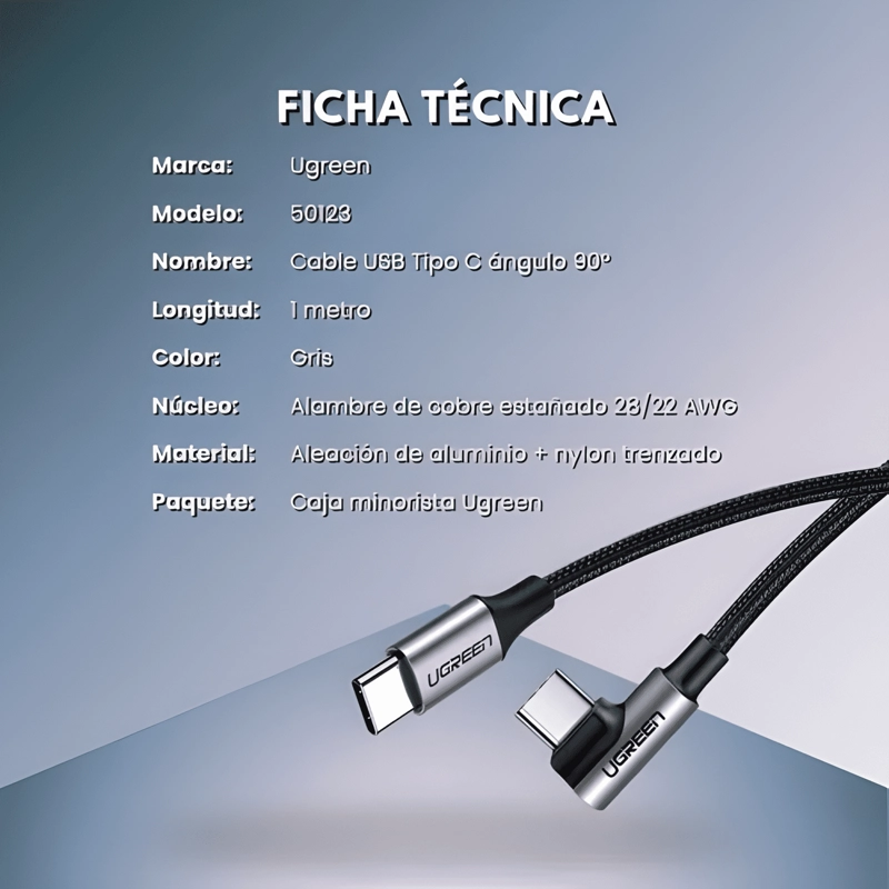 CABLE USB C A USB C CARGA RAPIDA DE 60W 90° 1 METRO NEGRO - 2