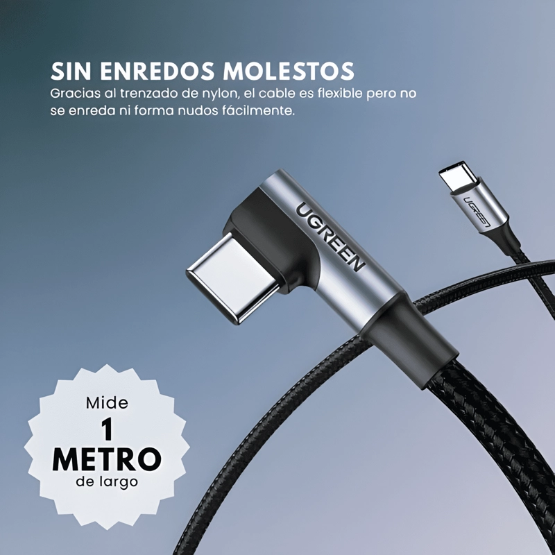 CABLE USB C A USB C CARGA RAPIDA DE 60W 90° 1 METRO NEGRO - 3