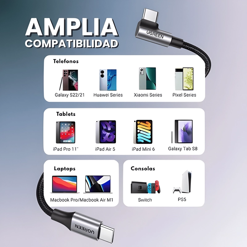 CABLE USB C A USB C CARGA RAPIDA DE 60W 90° 1 METRO NEGRO - 4
