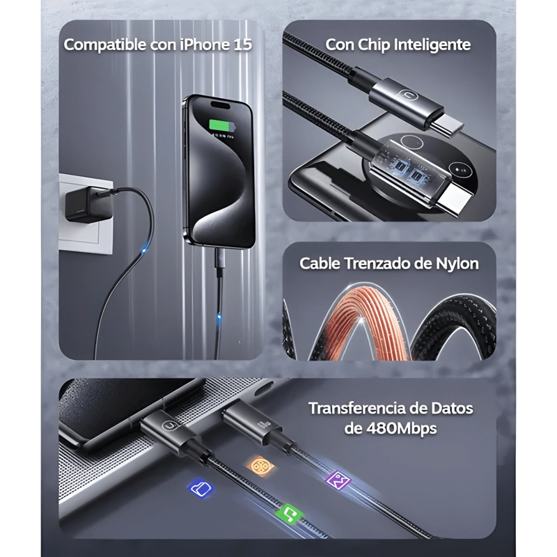 CABLE USB TIPO C A USB C 60W CORTO 25CM PARA IPHONE NEGRO - 1