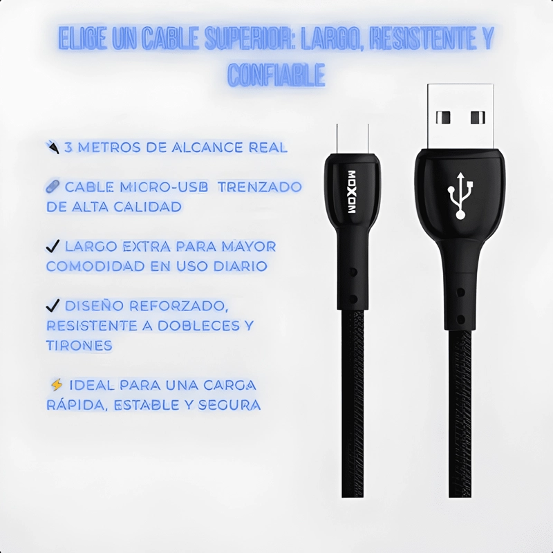 CABLE MICRO USB DE 3 METROS PARA CARGA RAPIDA Y PS4 NEGRO - 2