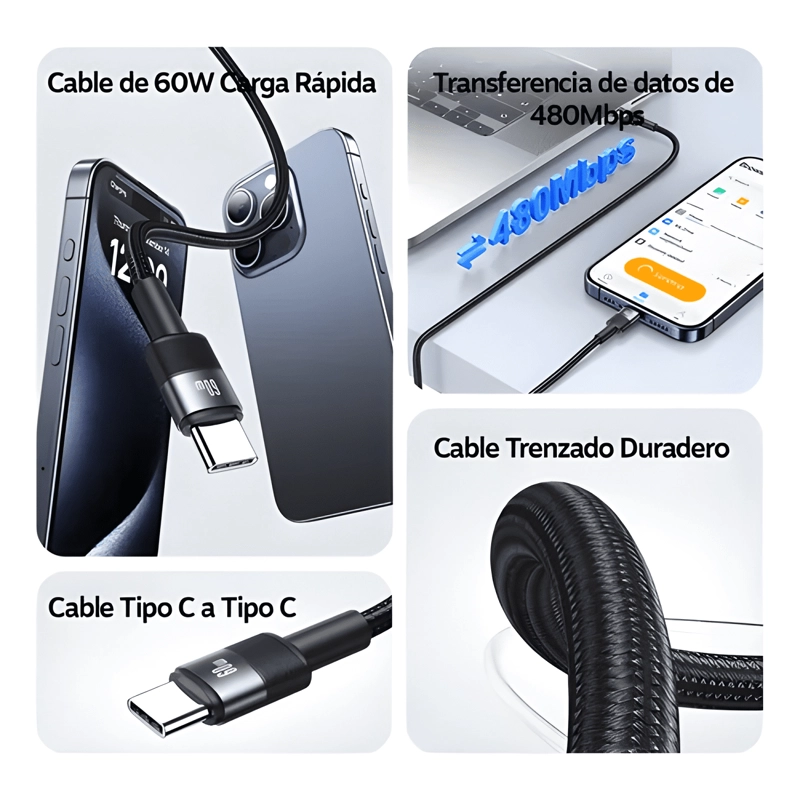 CABLE USB TIPO C A USB C 60W PARA IPHONE 15 16 17 NEGRO - 2